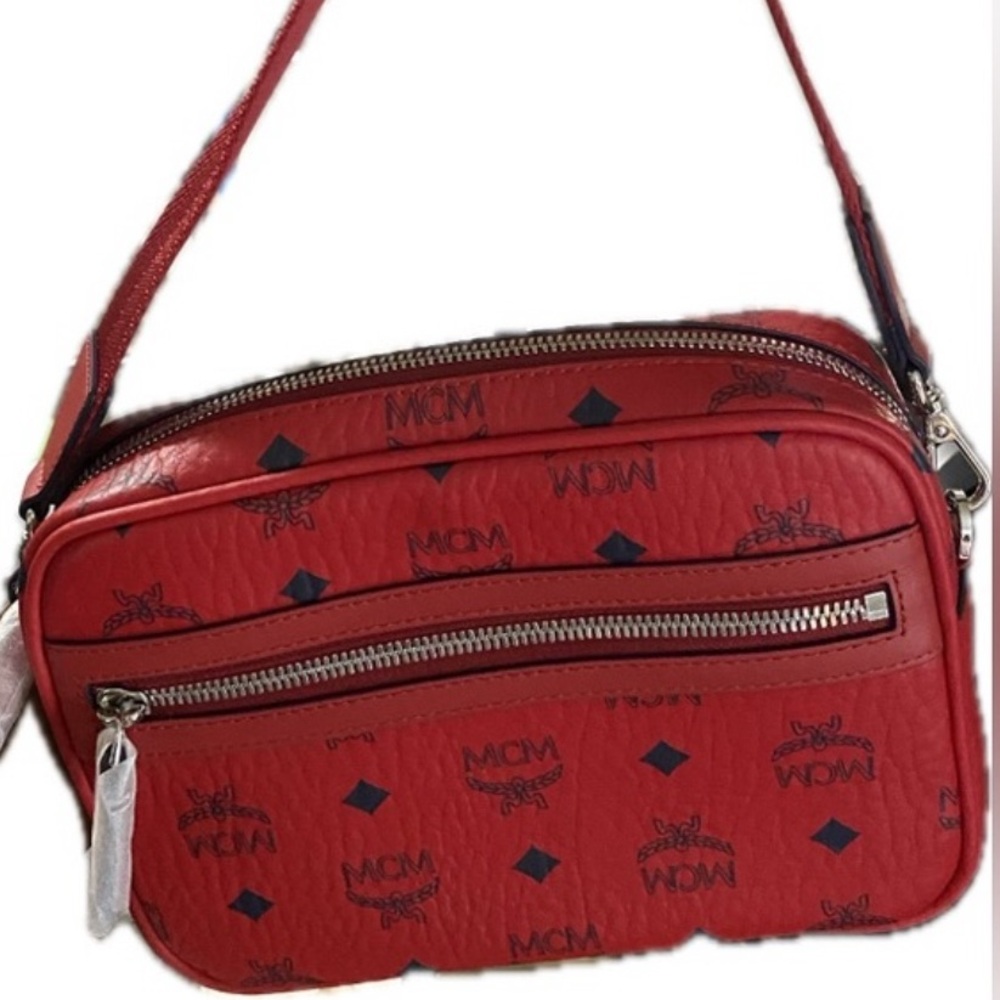 MCM Red Visetos Crossbody Bag with Monogram and Silver Zipper